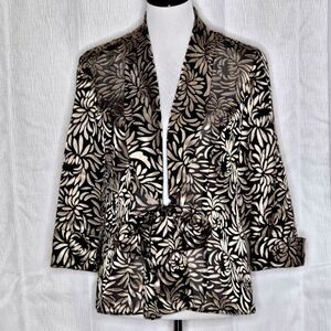 Alex Evenings Sheer Black with Gold Metallic Flowers Tie Front Evening Jacket